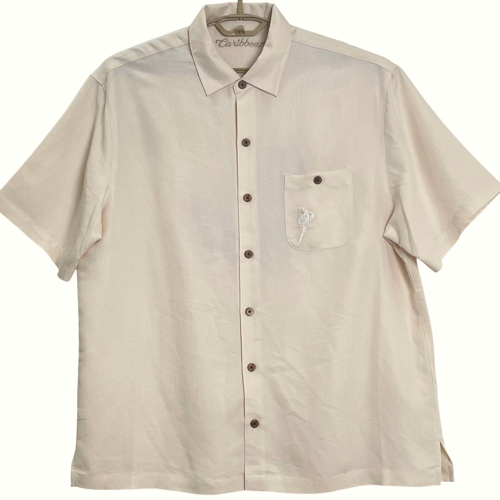 Caribbean Mens Embroidered Parrot Shirt XL Cream‎ Tropical Hawaiian Camp Shirt